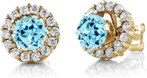Gem Stone King 18K Yellow Gold Plated Silver 5MM Round Gemstone Birthstone Halo Stud Earrings For Women with Removable Jackets in Saudi Arabia