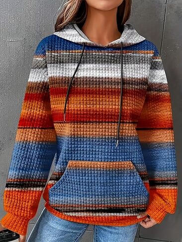 Plus Size Casual Loose Fit Slightly Stretchy Hoodie, Women's Rainbow Stripe Print Hooded Sweatshirt with Pockets in Kuwait