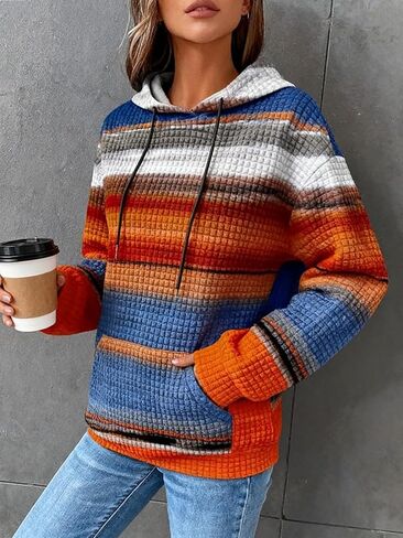 Plus Size Casual Loose Fit Slightly Stretchy Hoodie, Women's Rainbow Stripe Print Hooded Sweatshirt with Pockets in Kuwait