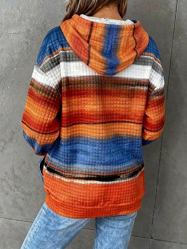 Plus Size Casual Loose Fit Slightly Stretchy Hoodie, Women's Rainbow Stripe Print Hooded Sweatshirt with Pockets in Kuwait