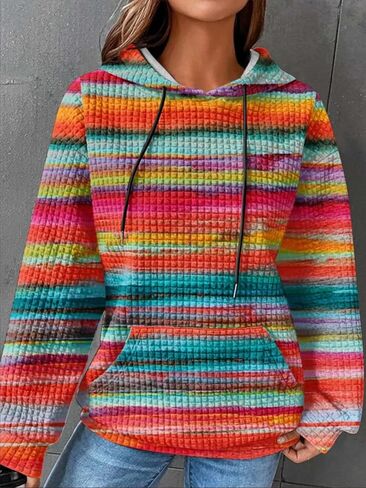 Plus Size Casual Loose Fit Slightly Stretchy Hoodie, Women's Rainbow Stripe Print Hooded Sweatshirt with Pockets in Kuwait