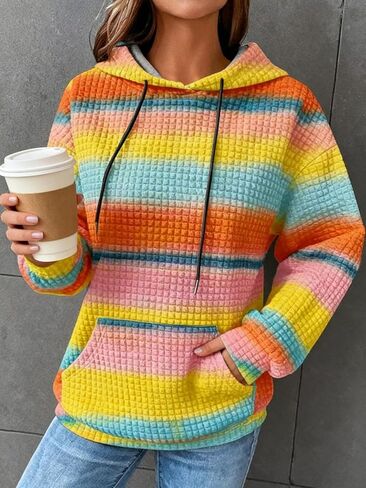 Plus Size Casual Loose Fit Slightly Stretchy Hoodie, Women's Rainbow Stripe Print Hooded Sweatshirt with Pockets in Kuwait