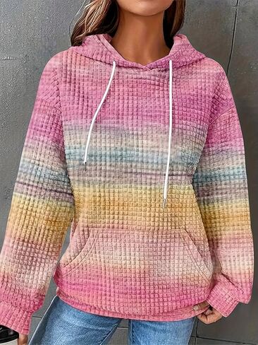 Plus Size Casual Loose Fit Slightly Stretchy Hoodie, Women's Rainbow Stripe Print Hooded Sweatshirt with Pockets in Kuwait