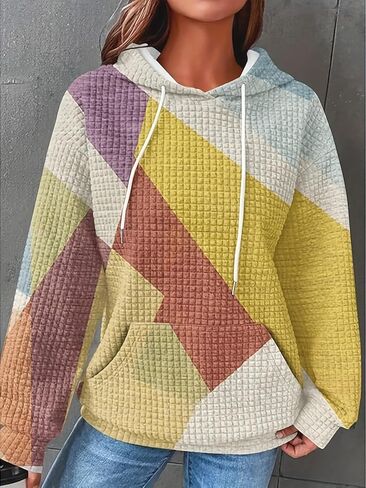 Plus Size Casual Loose Fit Slightly Stretchy Hoodie, Women's Rainbow Stripe Print Hooded Sweatshirt with Pockets in Kuwait