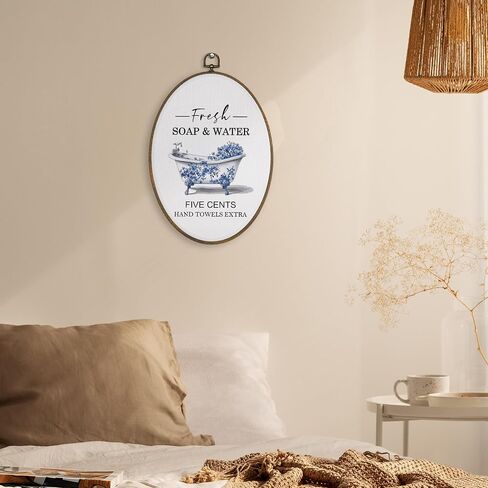 XBBMGG Chinoiserie Bathtub Wall Art Decor, Blue and White Floral Oval Wall Hanging Decor, Farmhouse Flower Framed Canvas Prints for Toilet Bathroom Restroom Washroom Decorations, 8.6x11.4inch in Saudi Arabia