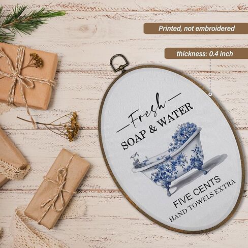 XBBMGG Chinoiserie Bathtub Wall Art Decor, Blue and White Floral Oval Wall Hanging Decor, Farmhouse Flower Framed Canvas Prints for Toilet Bathroom Restroom Washroom Decorations, 8.6x11.4inch in Saudi Arabia