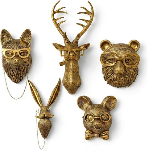 Coolstuff 5pcs Gold Animal Heads for Wall, Faux Deer & Bear Sculptures, Lightweight Home Office Wall Decor, Vintage Whimsigoth Style, Maximalist Hanging Ornament Gift (Bear) in Kuwait