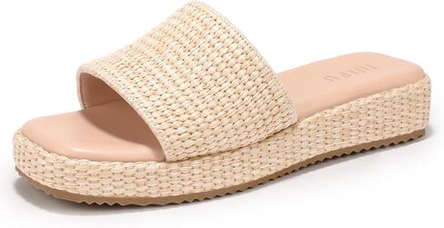 صنادل IDIFU IN2 ذات منصة Espadrille من الرافية سهلة الارتداء على شرائح إسفين منخفضة للنساء للصيف والشاطئ والعطلات، صنادل مريحة لطيفة كاجوال مربعة مفتوحة عند الأصابع in Kuwait