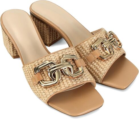 SOVANYOU Women's Raffia Sandals Square Toe Slip on Mules Comfortable Dressy Sandals Chunky Block Heels for Beach Party Vacation Shoes in Saudi Arabia