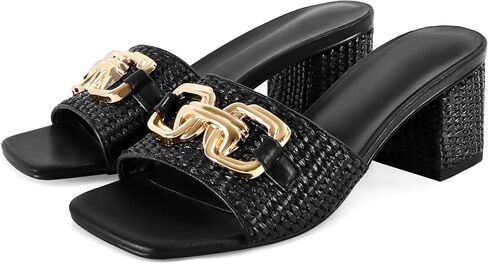 SOVANYOU Women's Raffia Sandals Square Toe Slip on Mules Comfortable Dressy Sandals Chunky Block Heels for Beach Party Vacation Shoes in Saudi Arabia
