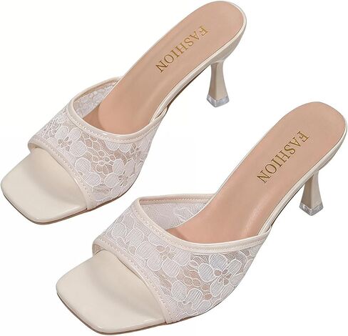 GORGLITTER Women's Lace Kitten Heels Mesh Square Toe Slip on Stiletto Heeled Sandals Dressy Party Backless Sandals in Kuwait
