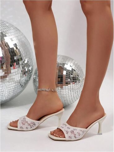 GORGLITTER Women's Lace Kitten Heels Mesh Square Toe Slip on Stiletto Heeled Sandals Dressy Party Backless Sandals in Kuwait