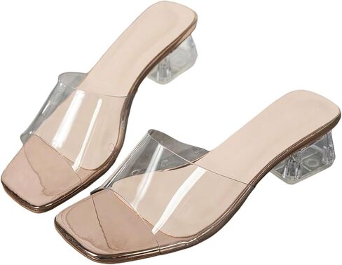 WDIRARA Women's Clear Heels Square Open Toe Slip on Low Chunky Heeled Sandals Dressy Wedding Party Prom Shoes in Kuwait