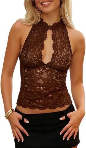 Women Floral Lace Tank Top Sexy Sheer Mesh See Through Cami Top Sleeveless High Neck Vest Shirt in Saudi Arabia