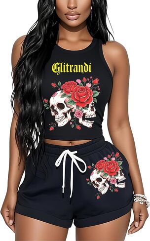 Glitrandi 2 Piece Sets For Women Summer Outfits Fashion Print Sleeveless Womens Tank Tops in Saudi Arabia