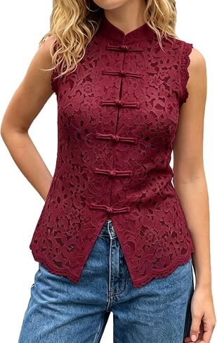 Women Floral Lace Mandarin Collar Shirts Vest Stand Collar Button Sleeveless Semi Sheer Guipure Tank Top in Saudi Arabia