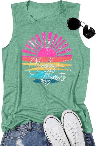 Hawaiian Tank Top Women Chasing Sunset Shirt Hawaii Beach Waves Vest Sunshine Shirts Summer Vacation Sleeveless Tops in Saudi Arabia