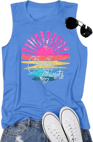 Hawaiian Tank Top Women Chasing Sunset Shirt Hawaii Beach Waves Vest Sunshine Shirts Summer Vacation Sleeveless Tops in Saudi Arabia