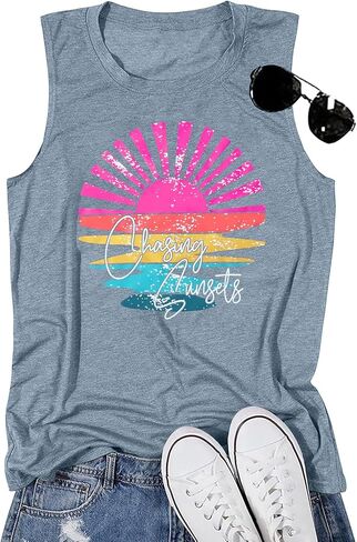 Hawaiian Tank Top Women Chasing Sunset Shirt Hawaii Beach Waves Vest Sunshine Shirts Summer Vacation Sleeveless Tops in Saudi Arabia