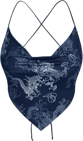 قميص بدون أكمام للسيدات من MakeMeChic برسومات Dragon Graphic Bandana Top Halter Crop Criss Cross Boho Scarf in Kuwait