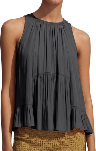 Ythomm Womens Pleated Front Sleeveless Tops Crew Neck Ruffle Hem Tie Back Summer Tank Tops Loose Trendy Flowy Top Shirts in Saudi Arabia
