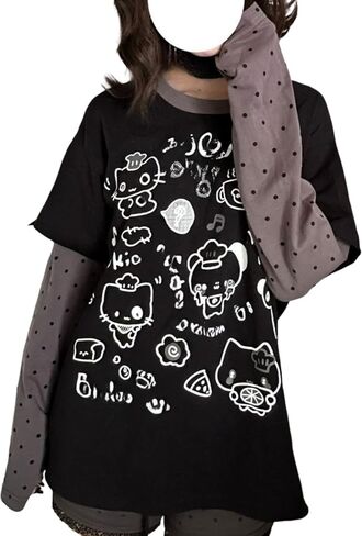 GGOOB Y2k Fake 2 Piece Cute Shirts Women Kawaii Cutecore Graphic Long Sleeve Top Teen Girls 2000s Preppy Aesthetic Clothing in Saudi Arabia