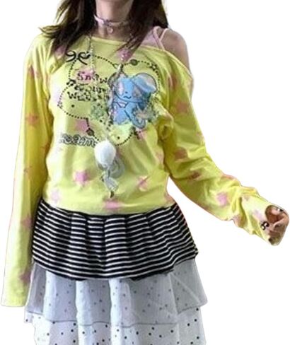 GGOOB Y2k Fake 2 Piece Cute Shirts Women Kawaii Cutecore Graphic Long Sleeve Top Teen Girls 2000s Preppy Aesthetic Clothing in Saudi Arabia