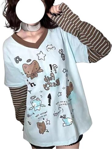 GGOOB Y2k Fake 2 Piece Cute Shirts Women Kawaii Cutecore Graphic Long Sleeve Top Teen Girls 2000s Preppy Aesthetic Clothing in Saudi Arabia