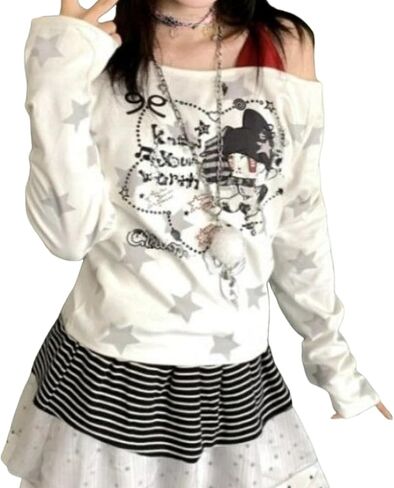GGOOB Y2k Fake 2 Piece Cute Shirts Women Kawaii Cutecore Graphic Long Sleeve Top Teen Girls 2000s Preppy Aesthetic Clothing in Saudi Arabia