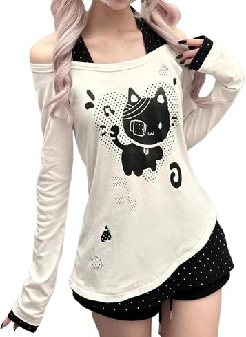 GGOOB Y2k Fake 2 Piece Cute Shirts Women Kawaii Cutecore Graphic Long Sleeve Top Teen Girls 2000s Preppy Aesthetic Clothing in Saudi Arabia