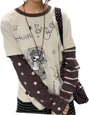 GGOOB Y2k Fake 2 Piece Cute Shirts Women Kawaii Cutecore Graphic Long Sleeve Top Teen Girls 2000s Preppy Aesthetic Clothing in Saudi Arabia