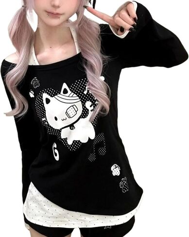 GGOOB Y2k Fake 2 Piece Cute Shirts Women Kawaii Cutecore Graphic Long Sleeve Top Teen Girls 2000s Preppy Aesthetic Clothing in Saudi Arabia