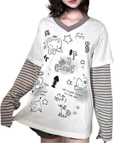 GGOOB Y2k Fake 2 Piece Cute Shirts Women Kawaii Cutecore Graphic Long Sleeve Top Teen Girls 2000s Preppy Aesthetic Clothing in Saudi Arabia