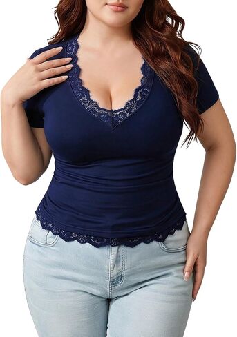 Women's Plus Size Lace V Neck T Shirts Vintage Short Sleeve Shirts Slim Casual Basic Tee Tops in Saudi Arabia