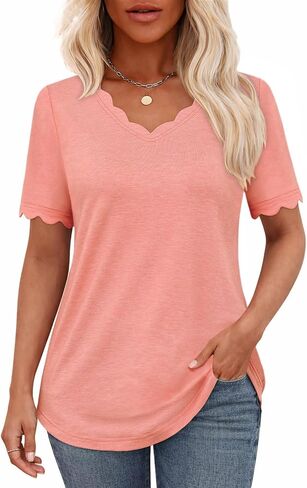 Summer Tops for Women Scalloped V Neck Short Sleeve Casual Dressy Blouse Lightweight Loose Fit in Saudi Arabia
