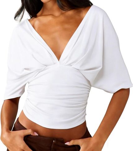 Women Deep V Neck Tighten Waist Dolman Short Sleeve Crop T Shirt Bat Half Sleeve Drop Shoulder Ruched Crop Tee Top in Saudi Arabia