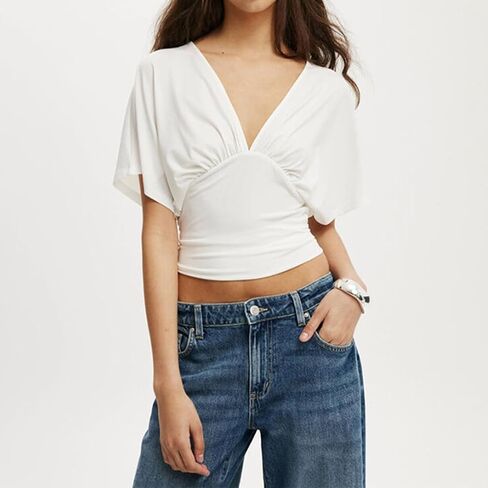 Women Deep V Neck Tighten Waist Dolman Short Sleeve Crop T Shirt Bat Half Sleeve Drop Shoulder Ruched Crop Tee Top in Saudi Arabia