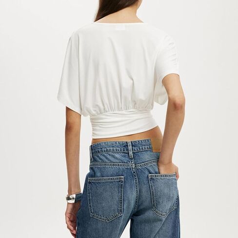 Women Deep V Neck Tighten Waist Dolman Short Sleeve Crop T Shirt Bat Half Sleeve Drop Shoulder Ruched Crop Tee Top in Saudi Arabia