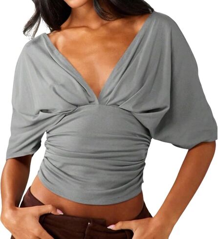 Women Deep V Neck Tighten Waist Dolman Short Sleeve Crop T Shirt Bat Half Sleeve Drop Shoulder Ruched Crop Tee Top in Saudi Arabia