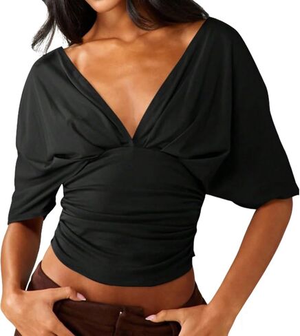 Women Deep V Neck Tighten Waist Dolman Short Sleeve Crop T Shirt Bat Half Sleeve Drop Shoulder Ruched Crop Tee Top in Saudi Arabia
