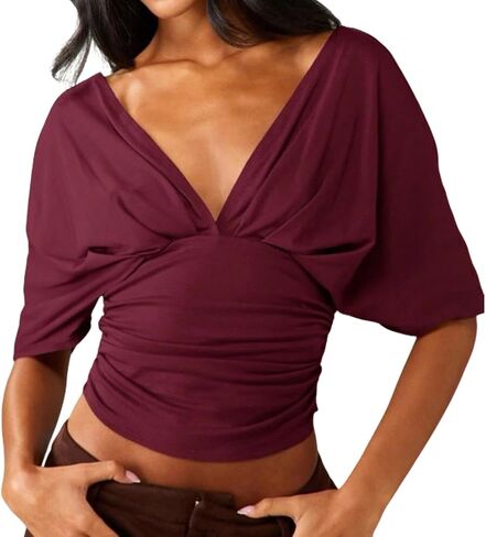 Women Deep V Neck Tighten Waist Dolman Short Sleeve Crop T Shirt Bat Half Sleeve Drop Shoulder Ruched Crop Tee Top in Saudi Arabia