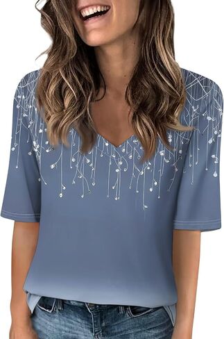 Women Short Sleeve V Neck T Shirts Spring Summer Elbow Length Tops Basic Casual Blouses 2026 in Kuwait