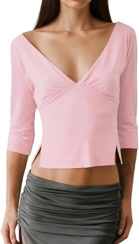 Women Sexy Deep V Neck Half Sleeve Crop T Shirt Trendy Backless Ruched Side Slit Slim Fit Basic Going Out Tee Top in Saudi Arabia
