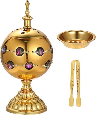 JUXYES Vintage Incense Burner Holder with Ash Catchers and Lid, Golden Metal Censer Antique Charcoal Incense Resin Burner with Tongs, Zinc Alloy Spiritual Aromatherapy Yoga Meditation Retro Home Decor in Kuwait