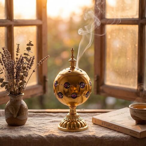 JUXYES Vintage Incense Burner Holder with Ash Catchers and Lid, Golden Metal Censer Antique Charcoal Incense Resin Burner with Tongs, Zinc Alloy Spiritual Aromatherapy Yoga Meditation Retro Home Decor in Kuwait
