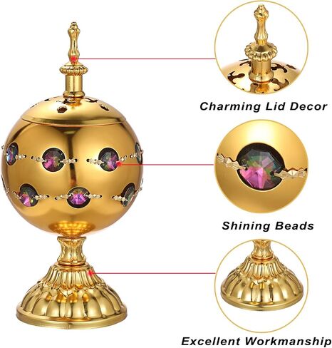 JUXYES Vintage Incense Burner Holder with Ash Catchers and Lid, Golden Metal Censer Antique Charcoal Incense Resin Burner with Tongs, Zinc Alloy Spiritual Aromatherapy Yoga Meditation Retro Home Decor in Kuwait