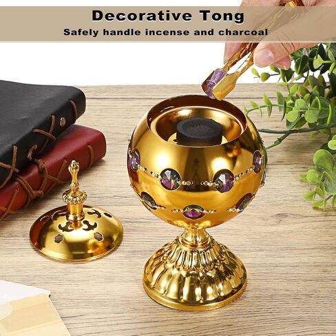 JUXYES Vintage Incense Burner Holder with Ash Catchers and Lid, Golden Metal Censer Antique Charcoal Incense Resin Burner with Tongs, Zinc Alloy Spiritual Aromatherapy Yoga Meditation Retro Home Decor in Kuwait