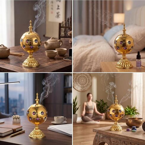 JUXYES Vintage Incense Burner Holder with Ash Catchers and Lid, Golden Metal Censer Antique Charcoal Incense Resin Burner with Tongs, Zinc Alloy Spiritual Aromatherapy Yoga Meditation Retro Home Decor in Kuwait