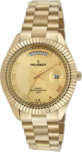 Peugeot Men's Stainless Steel Big Face Luxury Watch with Day Date Windows, Roman Numerals & Coin Edge Fluted Bezel Watch in Kuwait