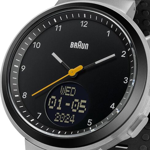 Braun Analogue Quartz Watch with Digital Display with Calendar and Step Count, Black Dial and Black Silicone Rubber Strap, 45mm Stainless Steel Case, Model BN0299NBKBKG. in Kuwait